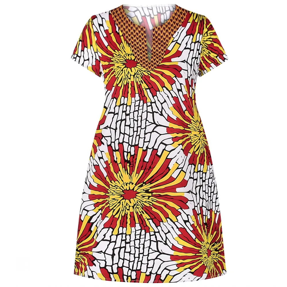 Womens Short Sleeve Dress African Ethnic Style Casual Pocket Print Vneck MIDI Dress Bohemian Sexy Loose Mom Dress 2021summer New