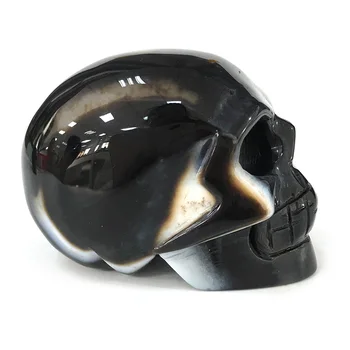 

3Inch Handmade Natural Crystal Skull Black Agate Carved Skull Realistic Fengshui Healing Home Ornament Art Collect P