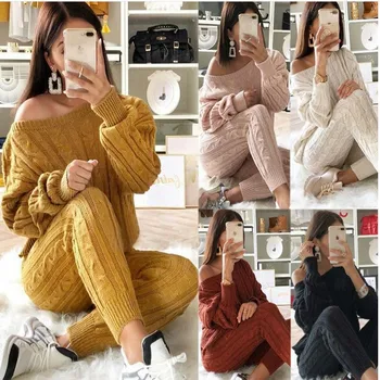 

Street Style Women's Fashion Solid 2 Piece Set Casual Knitted Tracksuit Sportswear Warm Sweater + Long Pants Sweatshirts Outfits