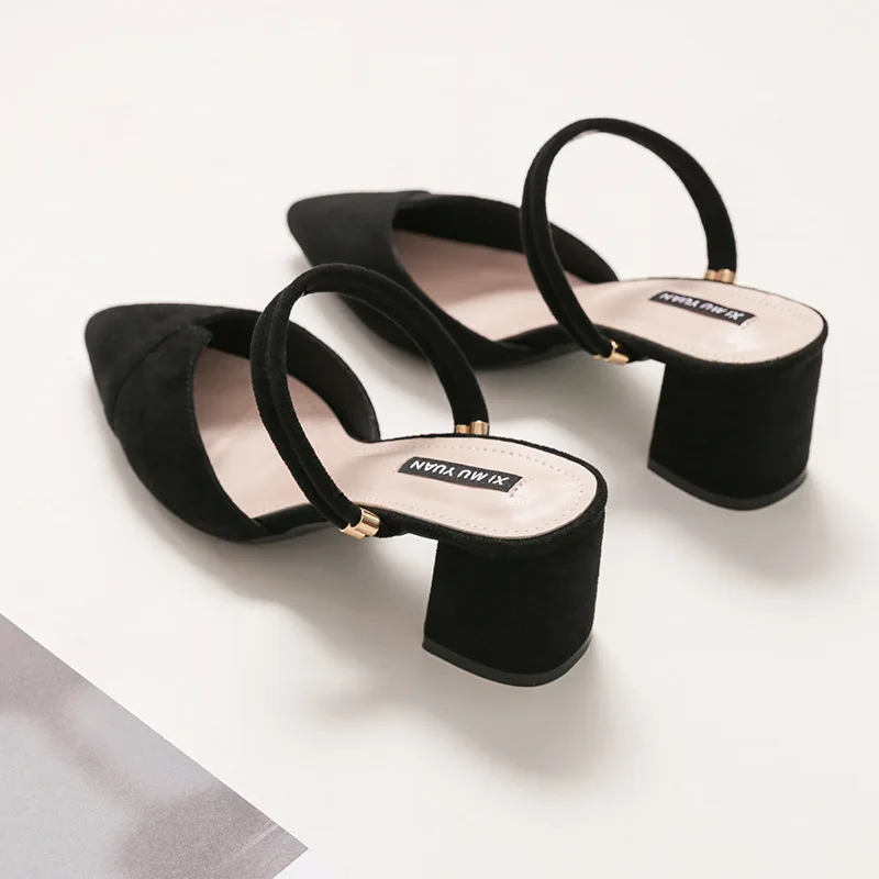

Cover Toe Flock Shallow Women's Slippers 2019 Heeled Mules Med Square heel Slides New Heels Block Rubber PU Basic Scandals High
