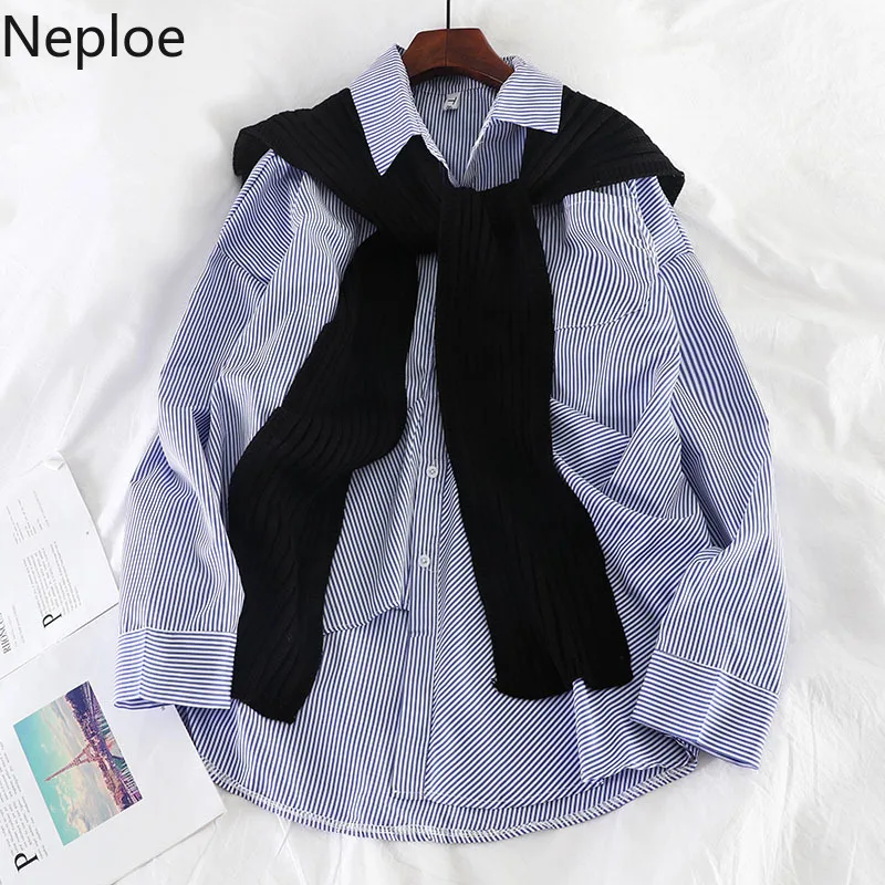 Neploe, корейская мода, Лоскутная, в полоску, с отложным воротником, блузка, женская, с длинным рукавом, свободная, дикая, Blusas, вязанная шаль, комплект из 2 предметов, 46745