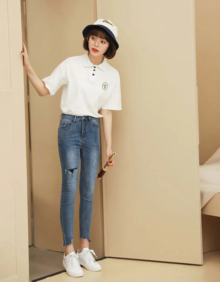 WICCON джинсы с дырками на коленях женские весенние и осенние новые корейские обтягивающие узкие студенческие джинсовые узкие брюки уличная одежда брюки с высокой талией