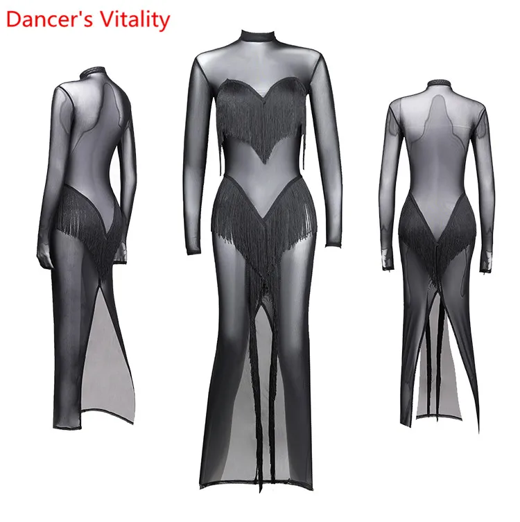 Одежда для занятий латинскими танцами; женская одежда; сезон осень-зима; Новинка; Сетчатое платье с кисточками и вырезами; одежда для танго, ча-ча, танцев, сценических тренировок