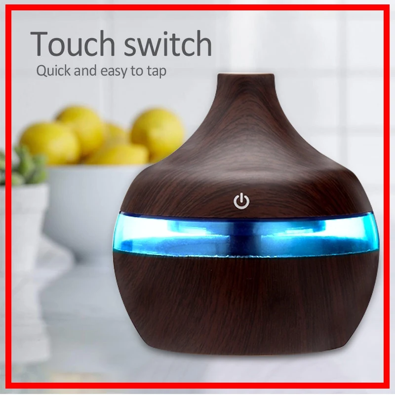 

300ml Electric Air Humidifier Aroma Essential Oil Diffuser Ultrasonic Wood Grain Humidifier USB Mini Mist Maker 7 LED Light