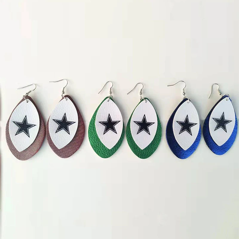 New! Dallas Cowboy Double Layer Glitter Football Fans Faux Leather Earrings Fahion Teardrop Leaf Earrings We Can Customize Stock