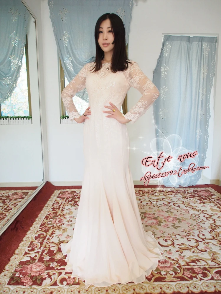 Romantische modieuze lange mouwen chiffon vestido de novia casamento kant bruid gown gratis verzending moeder van de bruid jurken