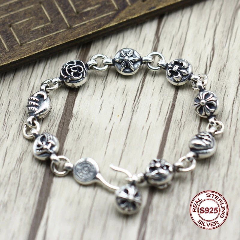 

S925 Men's bracelet in Sterling Silver Personality trend cross anchor multi - element Punk style retro classic Send a gift love