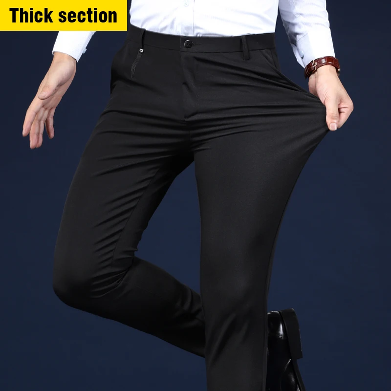 Thick-Black Новинка, зимние мужские утолщенные повседневные брюки, классический стиль, черные, тонкие, бизнес, эластичные, устойчивые к морщинкам, теплые брюки, мужские, брендовые - Цвет: Thick-Black
