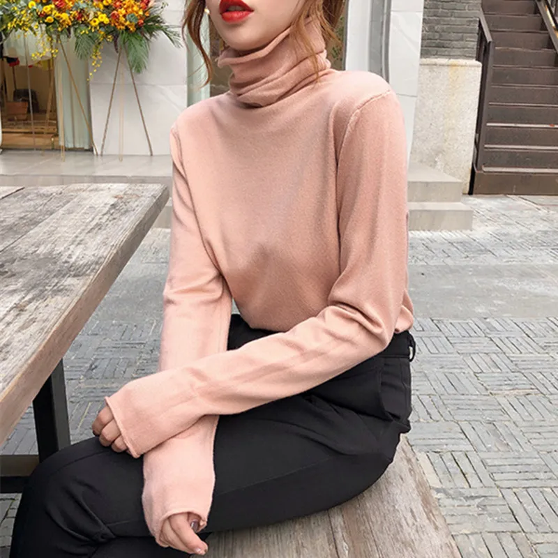Korean Women Shirts Cotton Women Knit T-Shirts Autumn Woman Turtleneck Pullover Shirt Woman Long Sleeve Knitted T-Shirts Tops XL