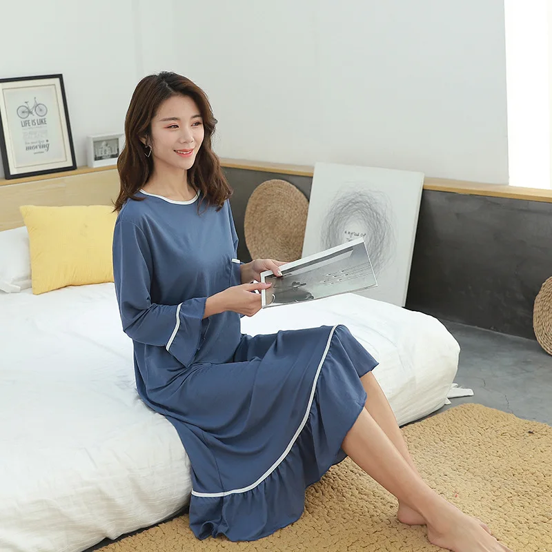 Autumn New Style Large Size Pajamas Dress Plus-sized Womenswear Size Long Sleeve Nightgown Loose-Fit Slimming Contrast Colo