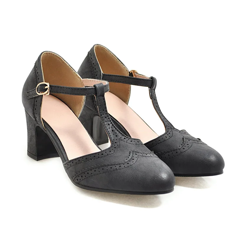Phoentin/коричневые туфли mary jane с Т-образным ремешком; туфли-лодочки из искусственной кожи в британском стиле с пряжкой; элегантное рельефное тиснение; FT728 - Цвет: Черный