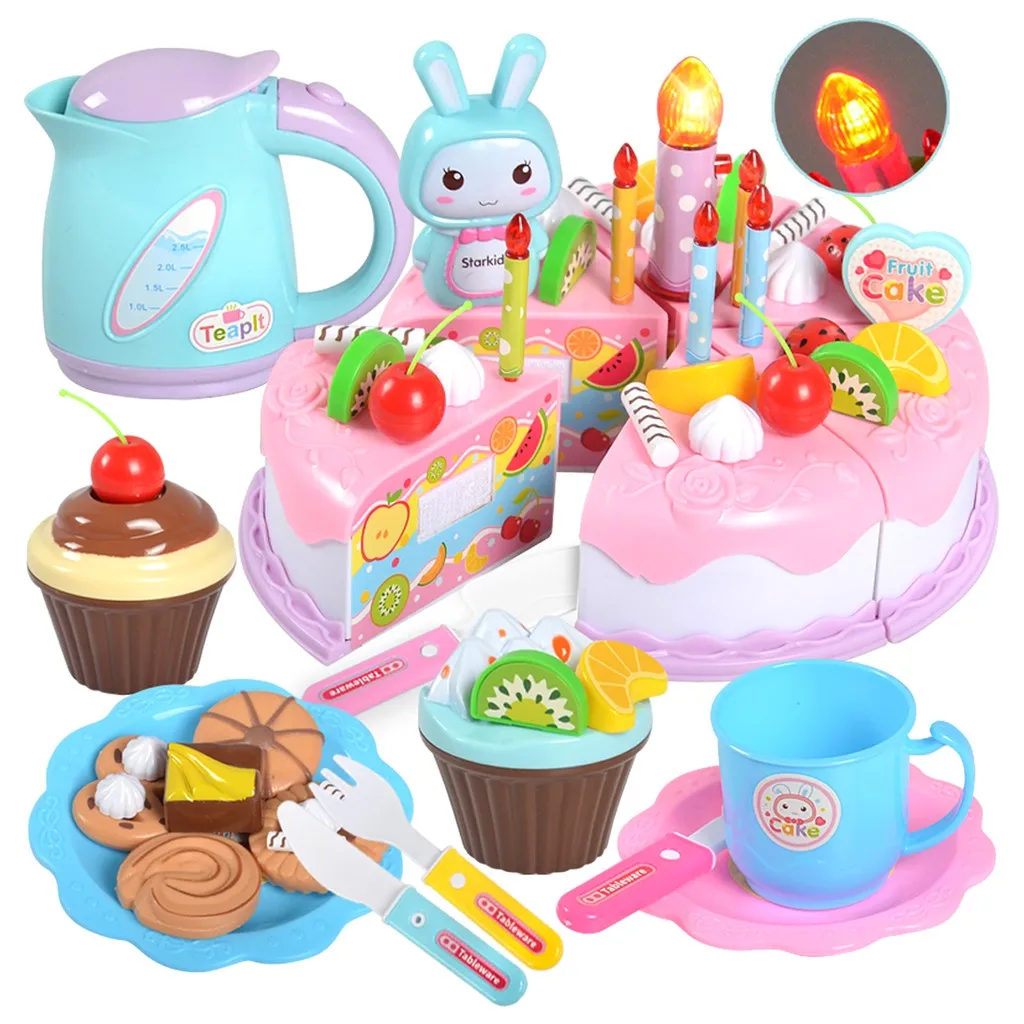 

Newest DIY Pretend Play Fruit Cutting Birthday Cake Kitchen Food Toys Cocina De Juguete Toy Pink Blue Girls Gift for Children