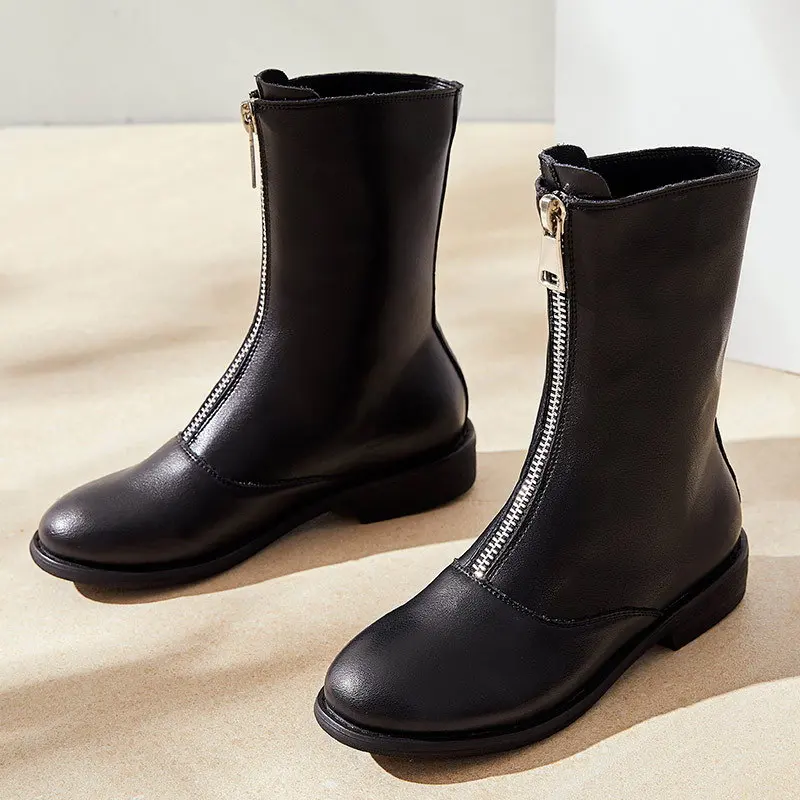 

Fall Winter Womens Black Mid Calf Boots Fashion Front Zip Short Boots For Woman Designer Casual Shoes Girls British Botas