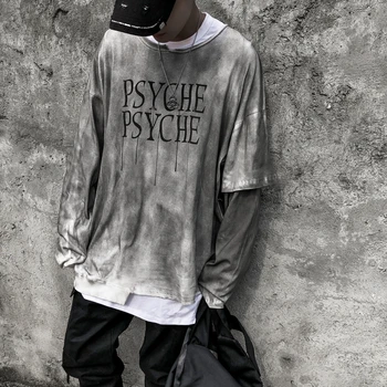 

Autumn and Winter Old Print T-shirt Men's Streetwear Loose Long-sleeved T-shirt Fake Two-piece Shirt