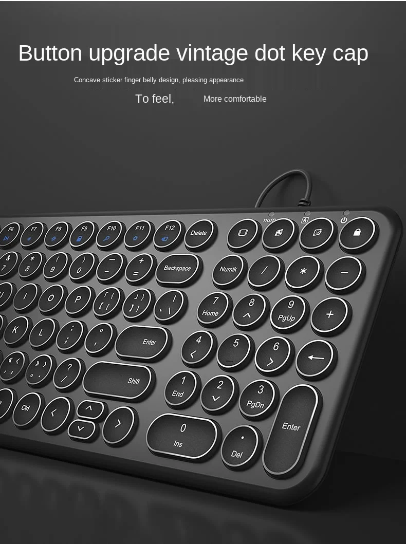 Round Key Thin Wired Keyboard, Teclado silencioso