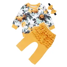 0-24M Малыш новорожденный младенец девочка зимняя одежда наборы цветочный принт футболка штаны с оборками повязка на голову 3 шт комплект одежды