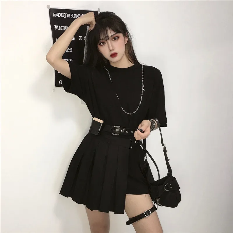 

Korean Harajuku Locomotive Suit Vintage Solid Short Sleeve T-Shirt Elastic Waist Pleated Split Casual Diablo Girl Two-Piece Set