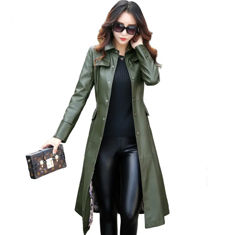 Длинная кожаная куртка для женщин элегантное пальто из искусственной кожи с
