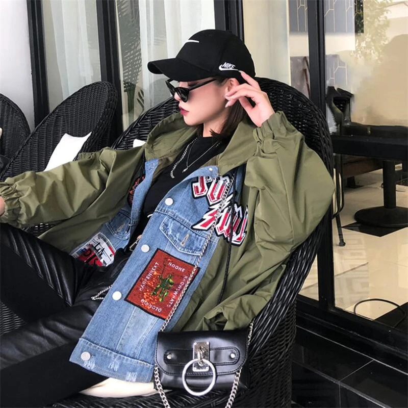 Women Army green New sequined letter badge hooded jacket female loose Jacket Casual Long sleeve Coat fashion Outerwear tops