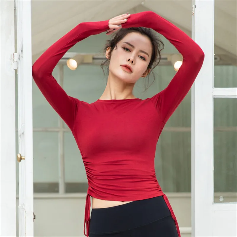 Ruisef drawstring Тонкий Быстросохнущий костюм для йоги с длинным рукавом женская спортивная футболка эластичное боди