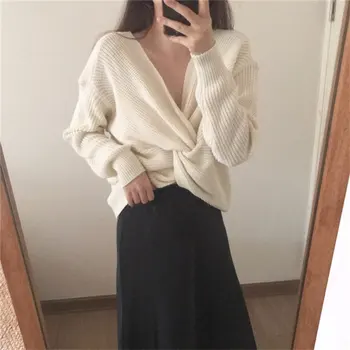 

HziriP Girls Reversible V-Neck Sexy Cross Pullovers Autumn Knitted Loose Sweet Women Soft Warm Casual Fashion Short Sweaters