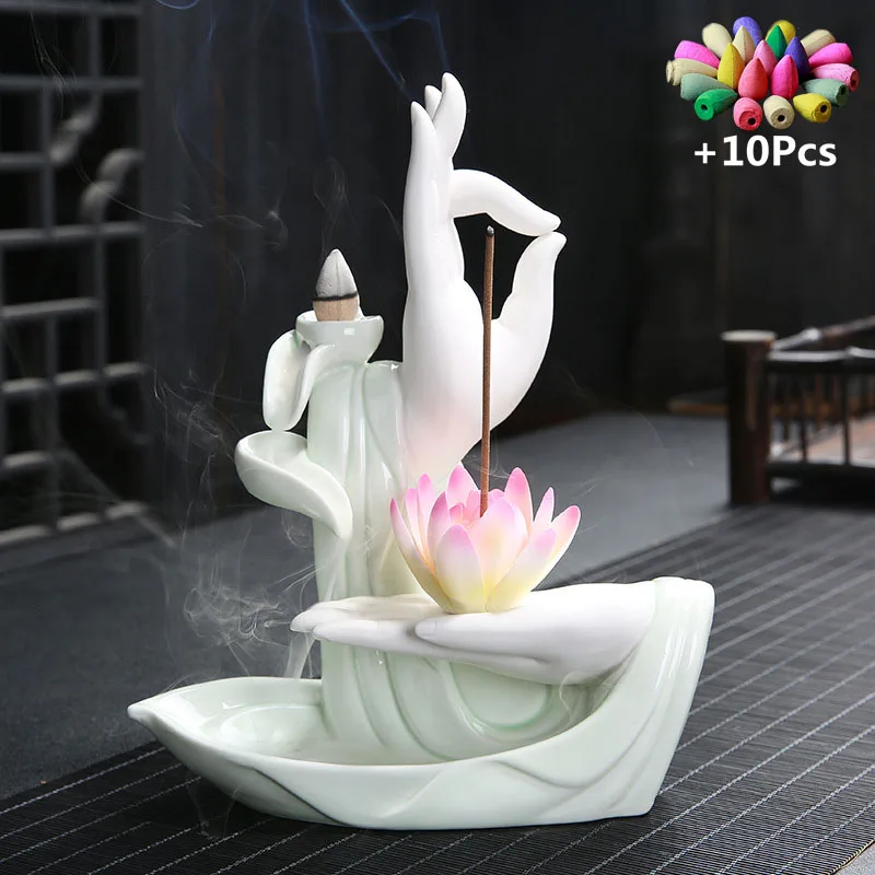 Gift 10Cones White Ceramic Incense Censer Buddha Hand Backflow Burner Lotus Stick Holder | Дом и сад