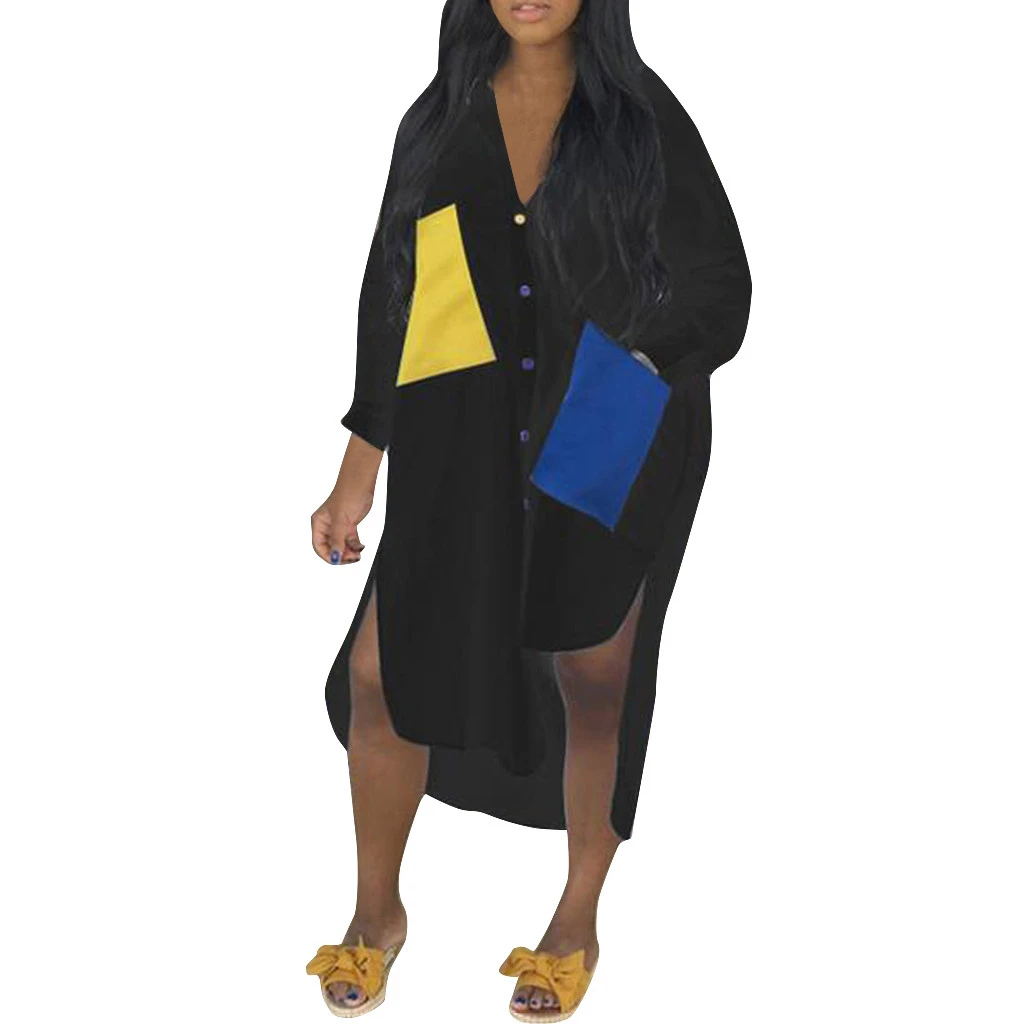 

Korean Autumn Style Dress New Women's Clothing Batwing Sleeve Asymmetrical Turn-down Collar Button Patchwork Dresses Winter 828