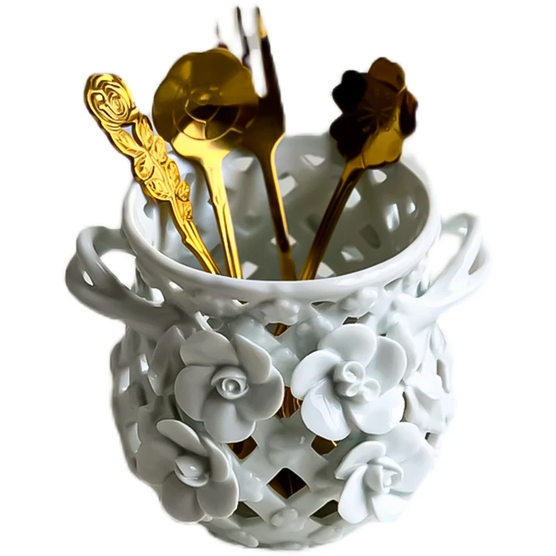 

Ceramic Storage Container Retro Style Household Tableware Storage Tank Ornaments Kitchen Supplies Fruit Fork Spoon Storage Tool