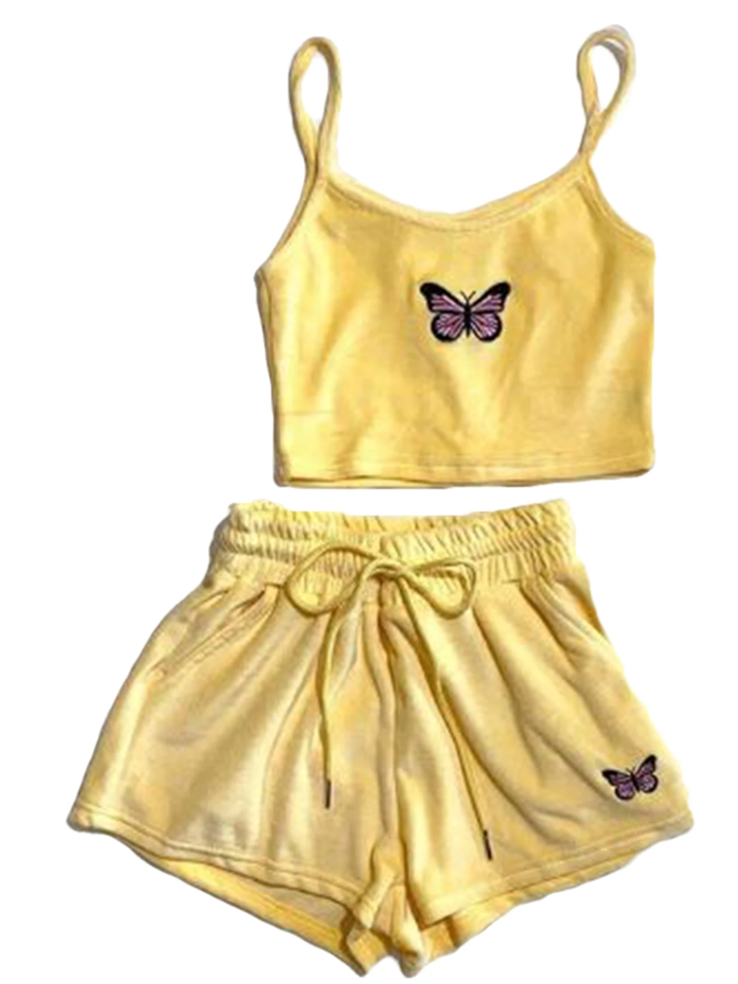 Ropa de casa para mujer, chándal recortado sin mangas, traje deportivo de mariposa, Camiseta corta sin mangas, pantalones cortos de cintura alta, informal con cordones