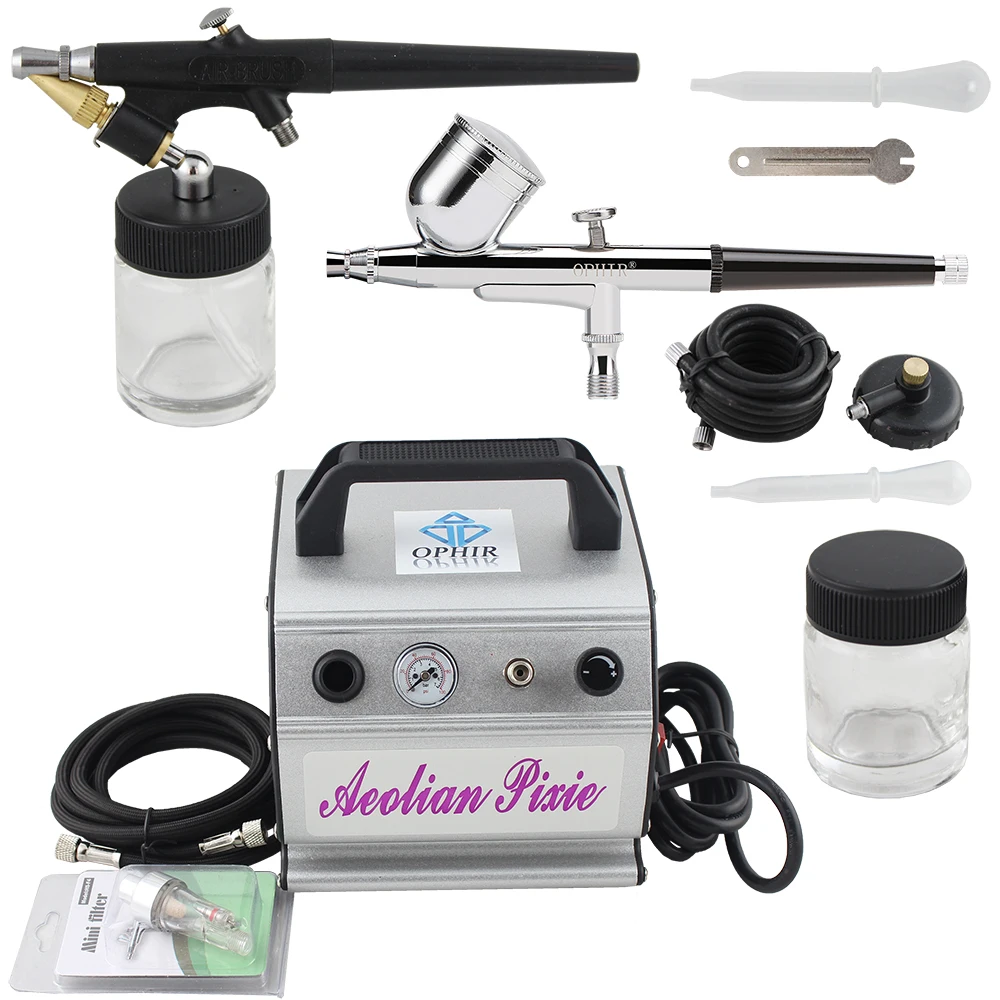 OPHIR Body Paint Dual 0.3mm & Single 0.8mm Action Airbrush Paint Gun Compressor Set for Tattoo Nail Art Makeup_AC088+AC004+AC071 ophir 0 3mm makeup airbrush set gravity single action airbrush kit for makeup face paint body paint ac007