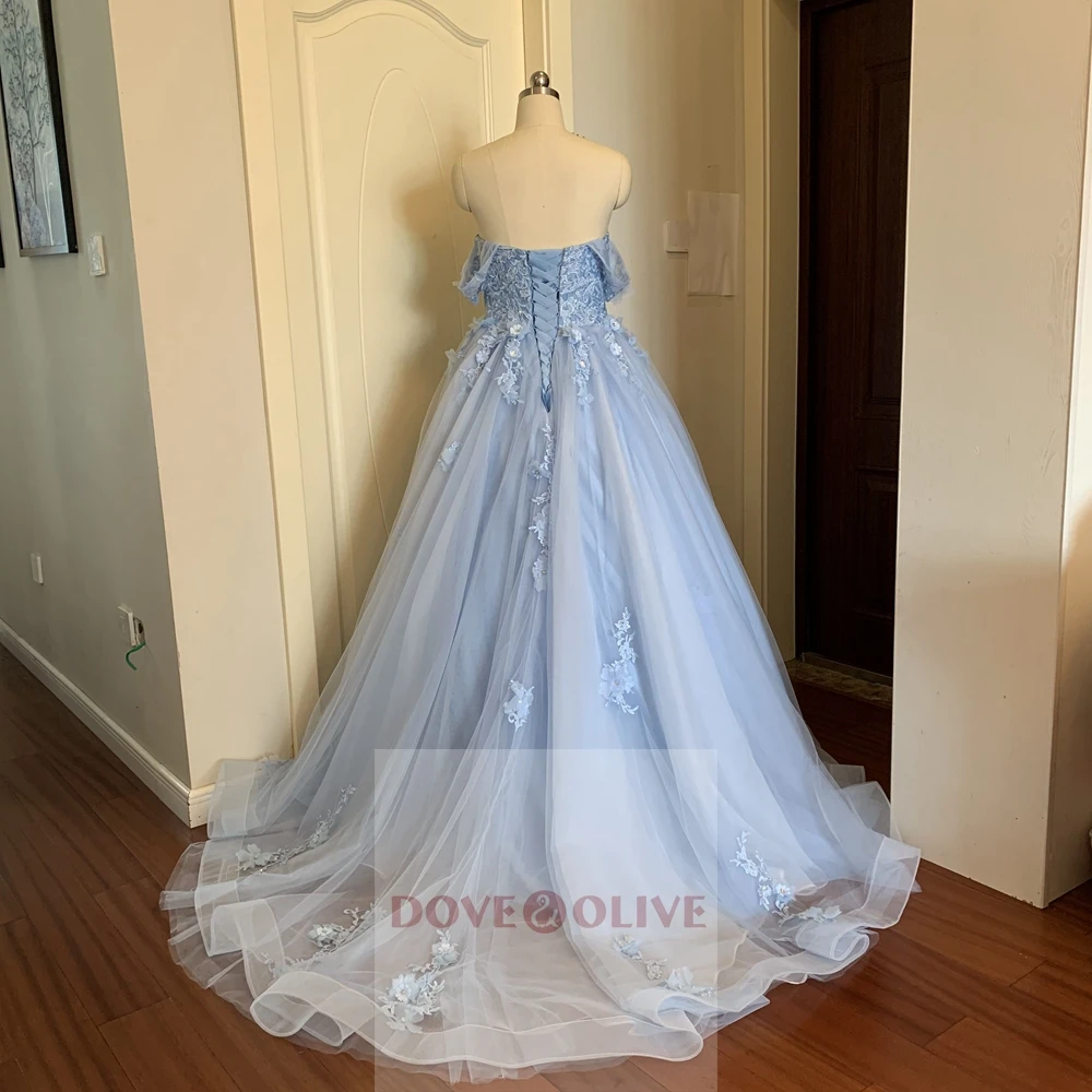 Elegant Sweetheart Neck Evening Dresses 2022 New Elegant Light Blue Off The Shoulder Appliques Formal Long Prom robe de soiree