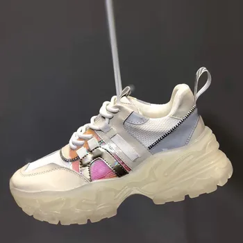 

Chunky Sneakers Cross-tied Round Toe Women Flats Thick Sole Daddy Shoes Flat Platform Woman Sneakers Running Female Shoes 2020