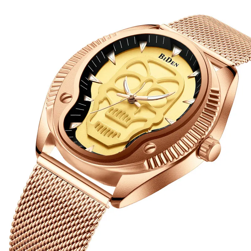 

2019 New Fashion Watch Men Stainless Steel Quartz Clock Skull Dial Mesh Strap Waterproof Creative Mens Watches Top Brand Luxury