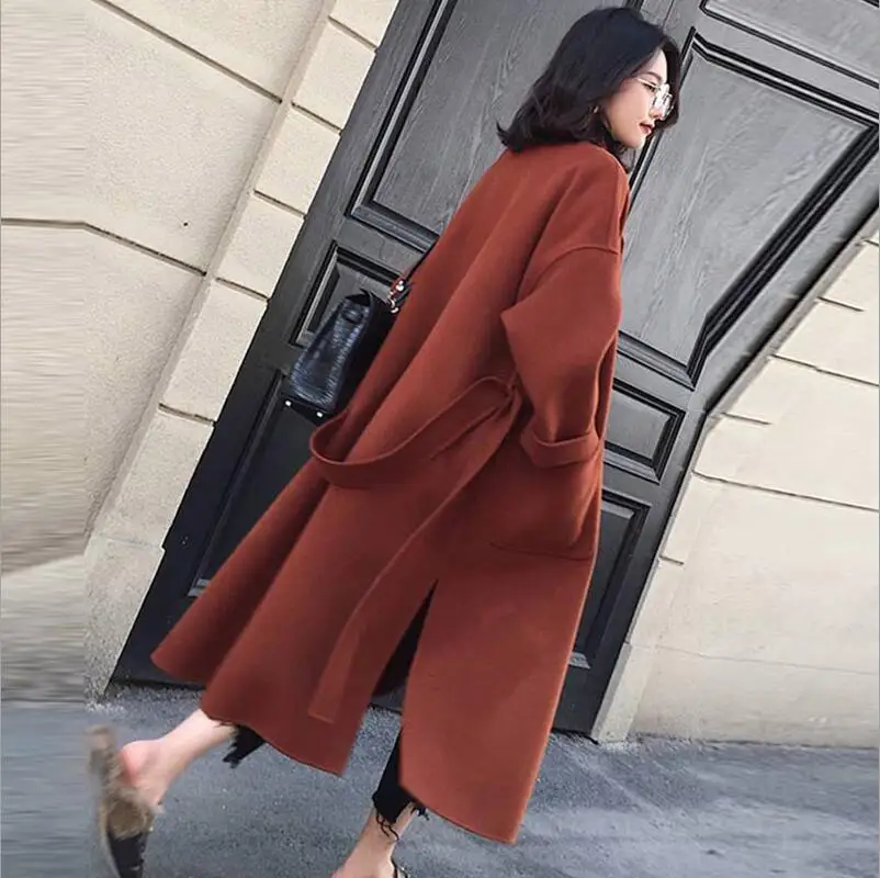 maple red Новинка, Женское шерстяное пальто утолщенное, длинный рукав, средней длины, отложной воротник, Открытый спереди, пояс для парки, пальто - Цвет: maple red