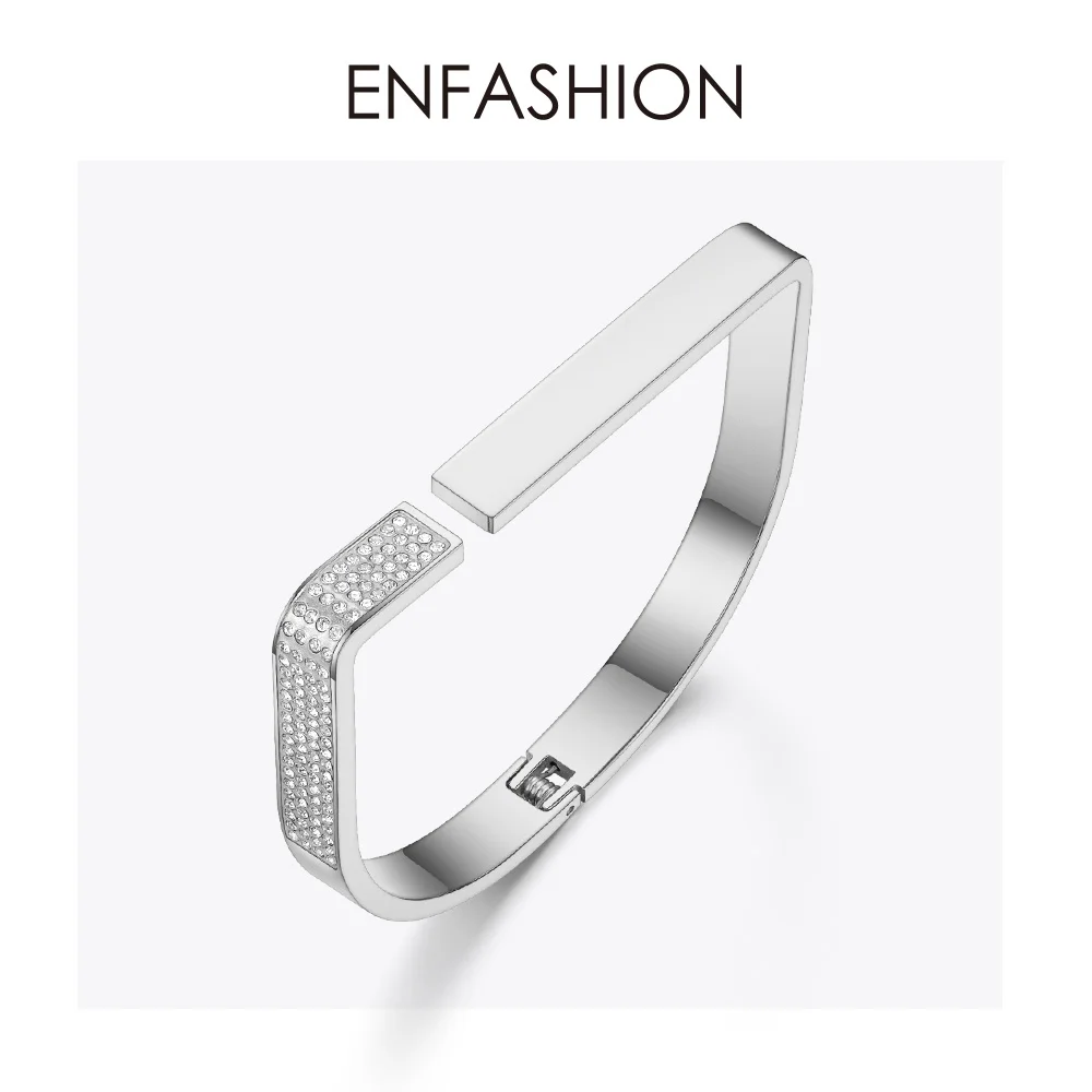 ENFASHION, элегантные, Кристальные, d-образные браслеты-манжеты, браслеты для женщин, золотой цвет, нержавеющая сталь, Открытый браслет, модное ювелирное изделие, B2044 - Окраска металла: Silver color