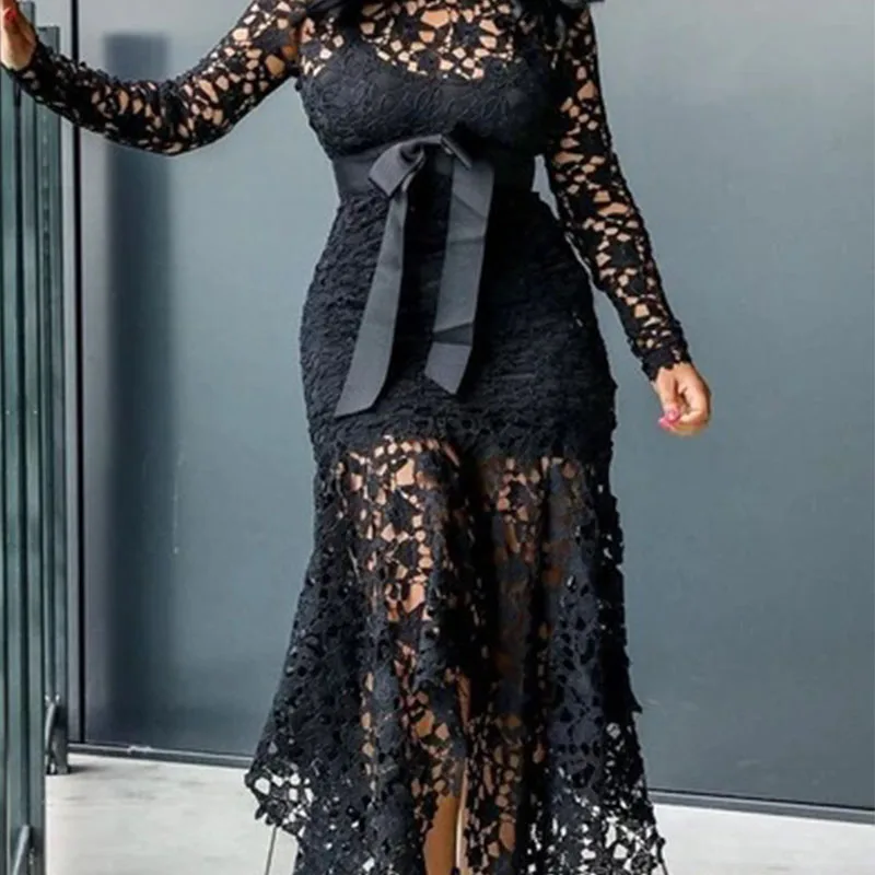 Lace Long Dress 2 Кружевное платье, длинное винтажное платье для вечеринки, сексуальное черное платье, большие размеры, большие S-5XL, женское Сетчатое платье с дырочками, платье макси в африканском стиле для девушек - Цвет: Lace Long Dress 2