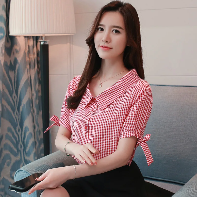 Moda клетчатая красная полоска blusa camisa das mulheres novas de Verao Лето Топы mulheres blusas de с коротким рукавом roupas femininas