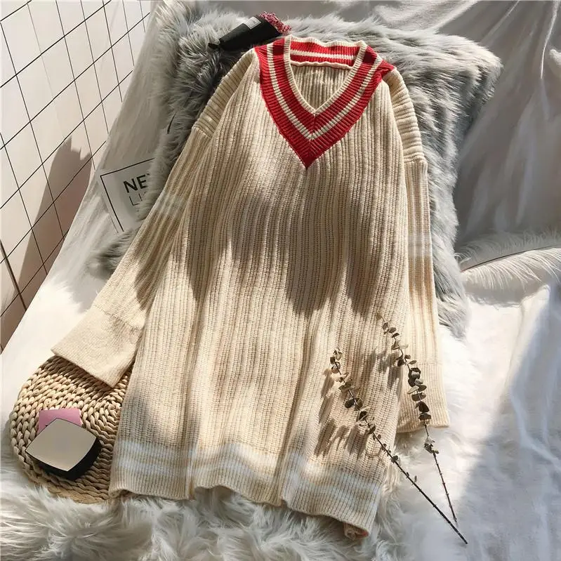 beige Длинные трикотажные женские свитера с v-образным вырезом Осень Зима Новое Полосатое свободное Сверкающее с рукавами модные Пуловеры Повседневная Верхняя одежда Топы - Цвет: beige