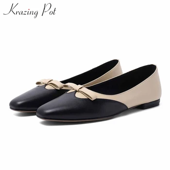 

Krazing pot genuine leather sweet bowtie ladies shoes round toe fashion mixed colors slip on leisure style comfortable pumps L90