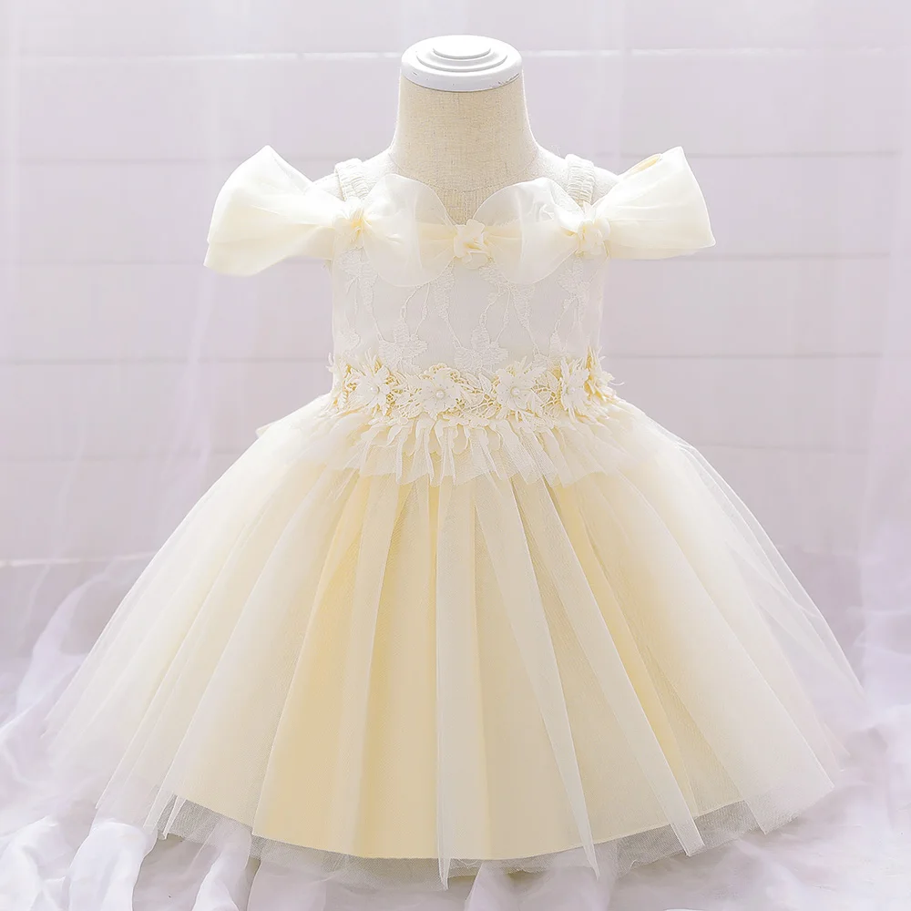 New Infant Baby Girl Dress Petals Tulle Baptism Dresses Girls 1 Year Birthday Beading Party Wedding Baby Clothing