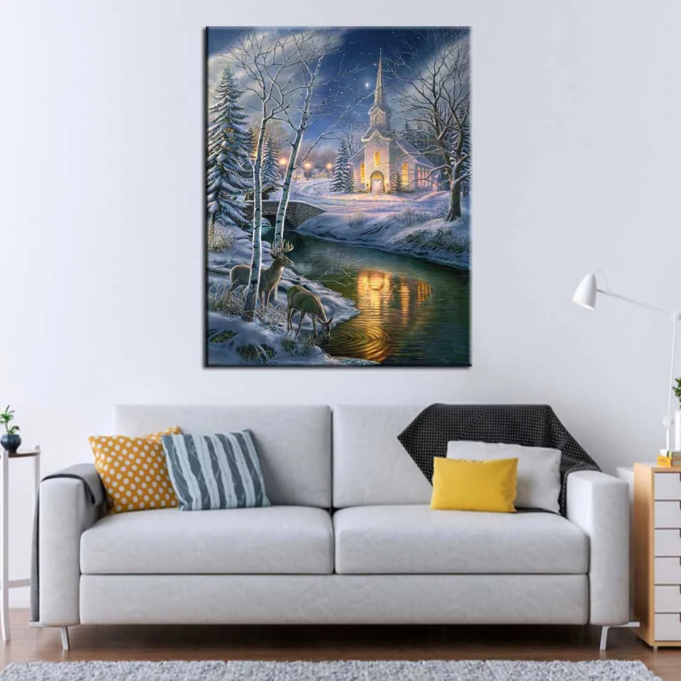 Diy 5D Diamond Embroidery Christmas Church Lake Winter Landscape Diamond Mosaic Diamond Painting Kits full Square Round Drill-1