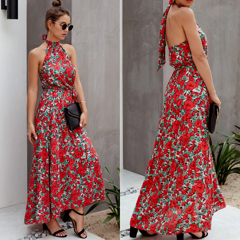 Модное платье в горошек Boho, хлопковое платье для женщин, лето, на шнуровке, Холтер, вечерние, макси платье, сексуальное, с открытой спиной, Асимметричный Сарафан