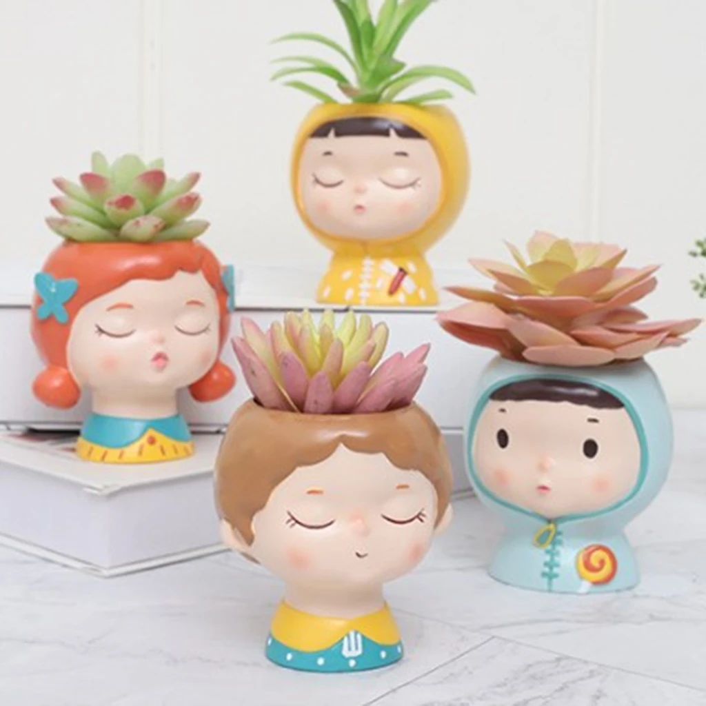 1 Packs Resin Succulent Planter Lovely Head Shape Flowerpot Cactus Ornament