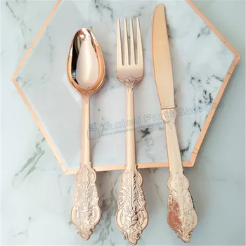 

6Sets/18pcs Rose Wedding Disposable Cutlery Plastic Vintage Party Tableware Fancy Fork Knife Spoon Dinnerware for Cake Ice Cream