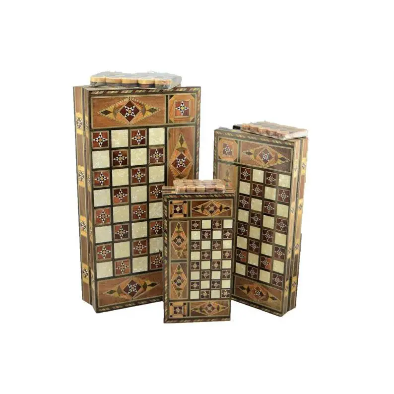 US $244.90 Vintage Game Set Natural Solid Wooden Handmade Motif Backgammon Chess Board checkers Sets for Kids and Adults 3 Size Together