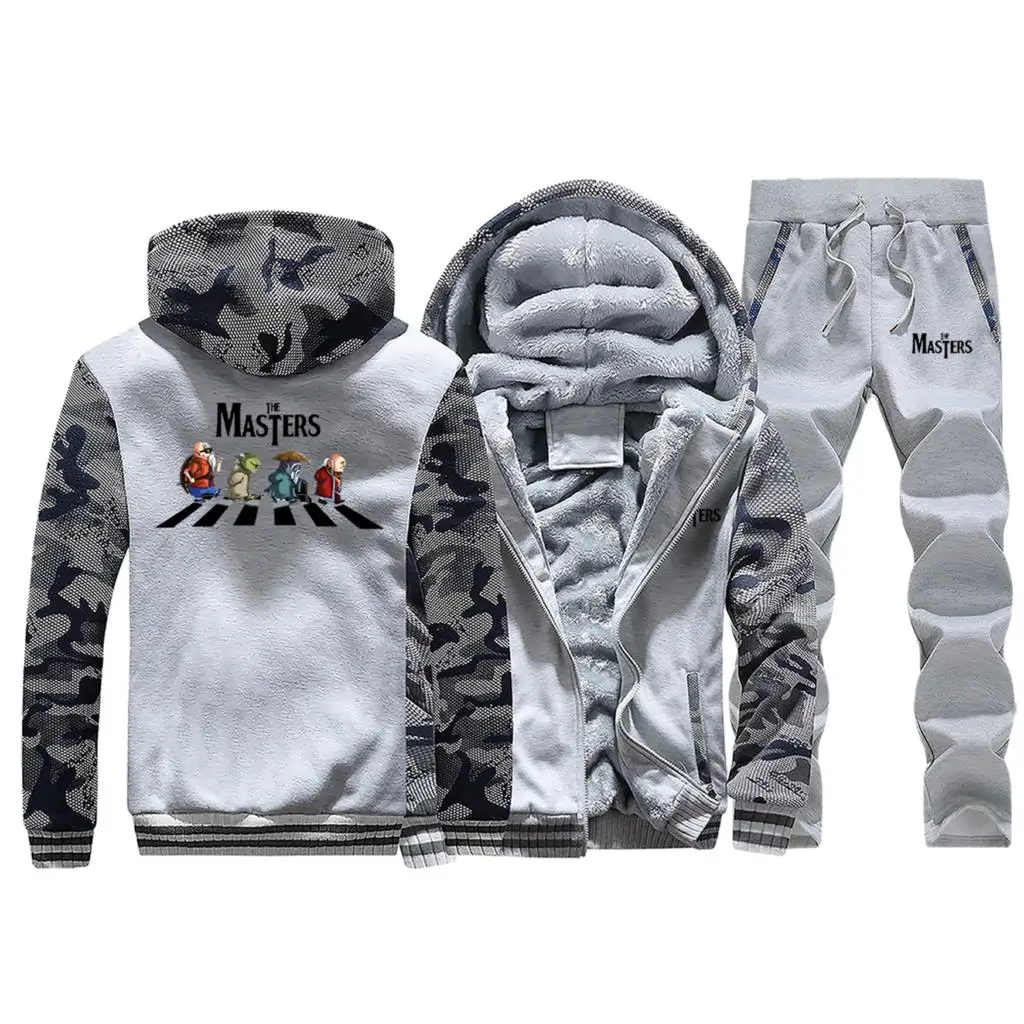 Master Roshi Dragon Ball Cartoon Winter Camouflage Hoodies Men Sportswear Coat Thick Suit Fleece Jacket+Pants 2 Piece Set - Цвет: Light Gray 1