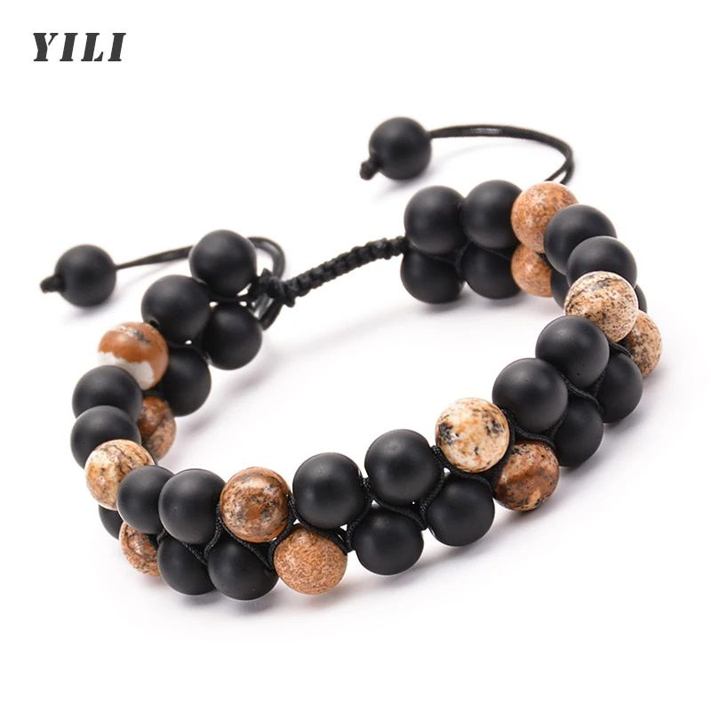 Двухслойный черный матовый каменный браслет 8 мм плетеный веревочный из