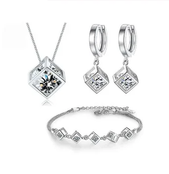 Conjuntos de joyería de plata de ley 925 con 5 estilos, collar de cubo cuadrado de Zirconia, pendientes y pulsera de plata