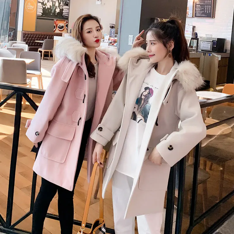Duffle Coat Women's New Style Popular Korean-style Woolen Cloth Fall And Winter Clothes Hooded Woolen Jacket Mid-length