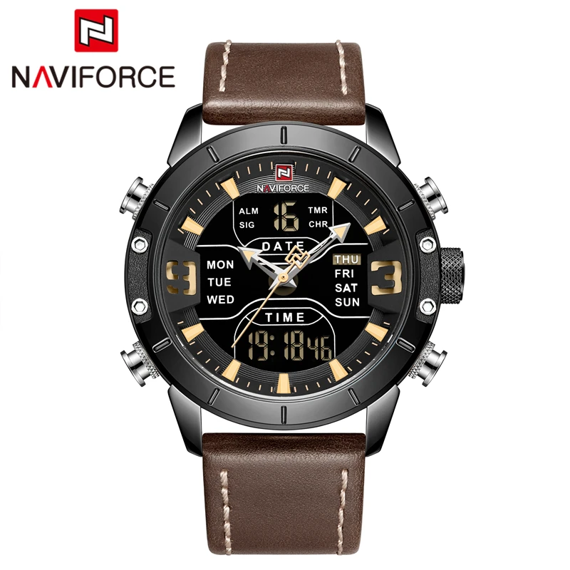Naviforce часы мужские водонепроницаемые армейские военные Хронограф Мужские наручные часы с цифровым дисплеем мужские часы Relogio Masculino - Цвет: Black Yellow Brown